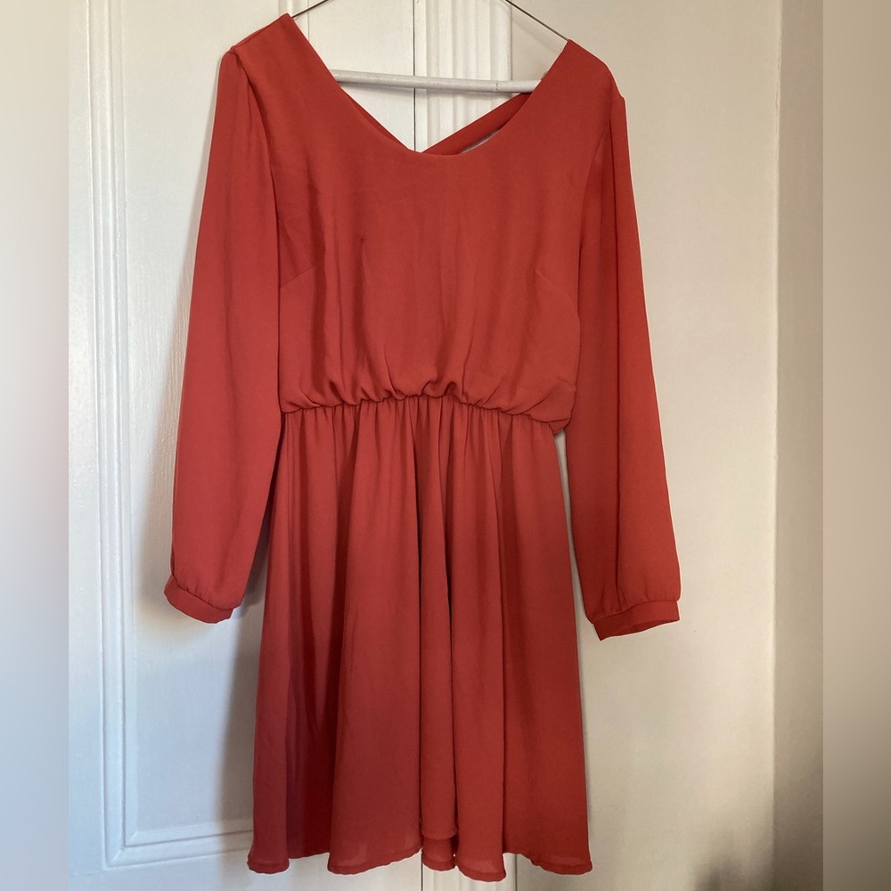 Burnt orange long sleeve chiffon dress, size M